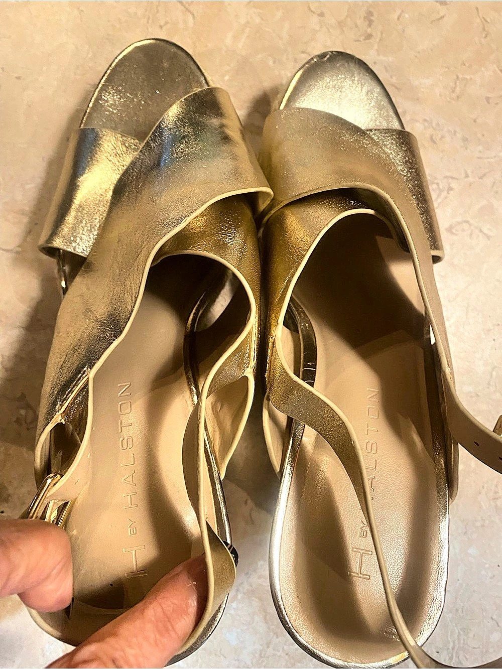 Halston Gold Leather Wedge Sandals US 9M - Picture 4 of 8